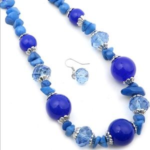 Blue Glass Bead and Stone Necklace Set